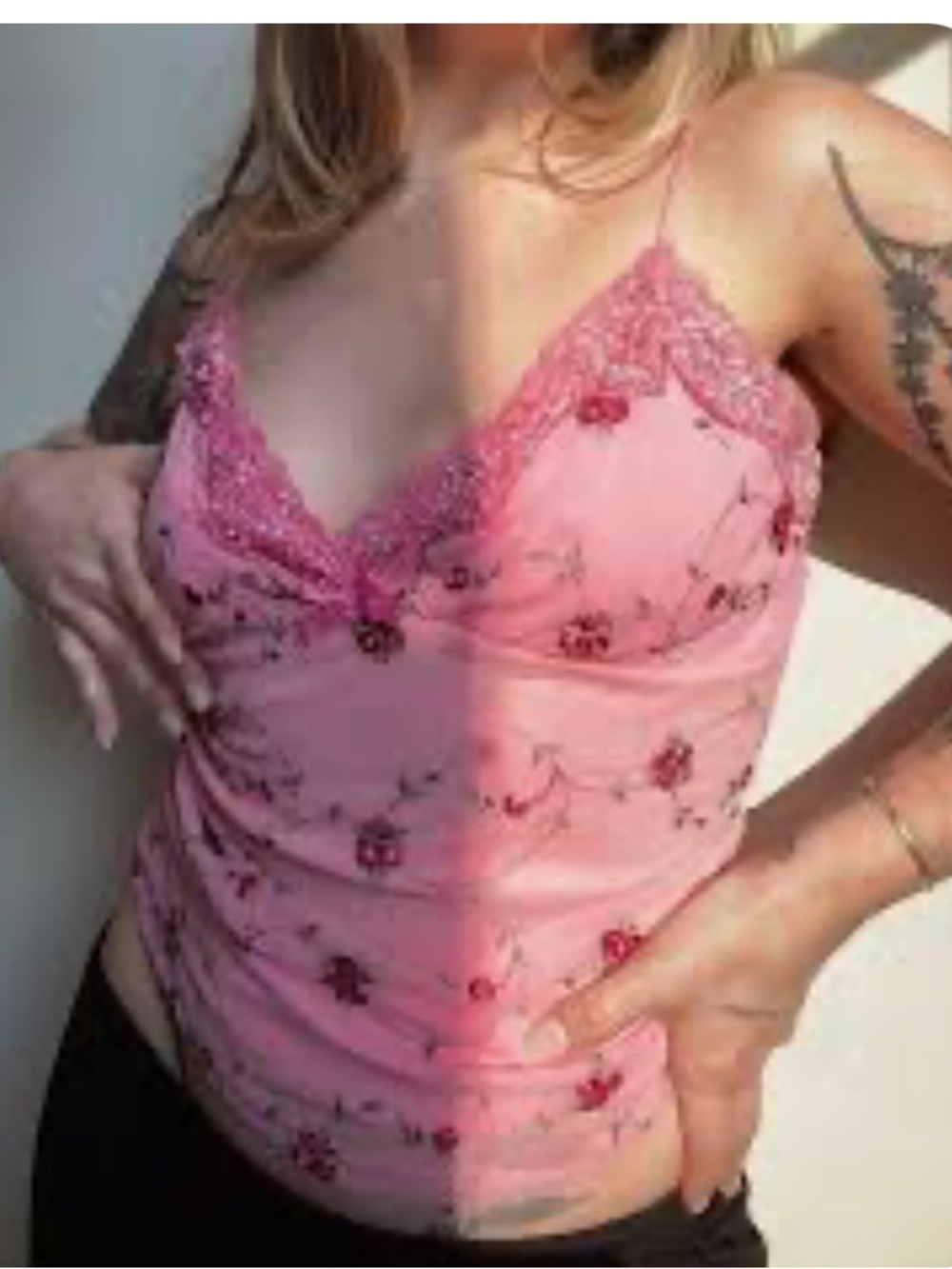 FUNKADLIC Pink Rosebud Floral Lace Pearl Trim Cami Spaghetti Strap Top L